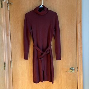 LL Bean Merino Wool Cotton Blend Turtleneck Sweater Dress Burgundy Size‎ S